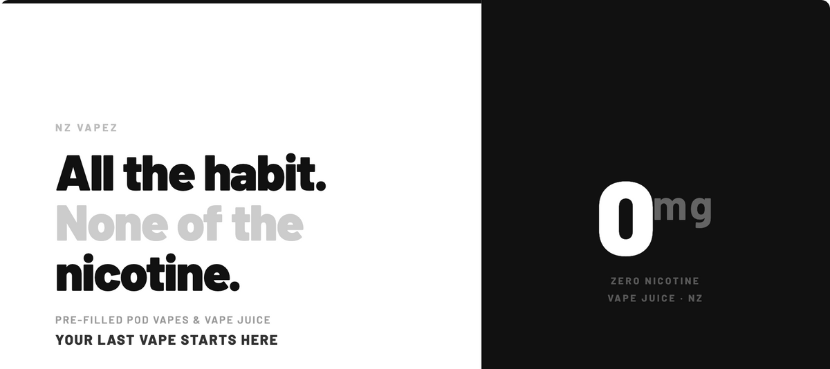 Advertisement for NZ Vapez with text 'All the habit. None of the nicotine.' and a zero nicotine indicator.